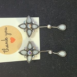 Floral Aurora Borealis and Druzy Stone Dangling Earrings